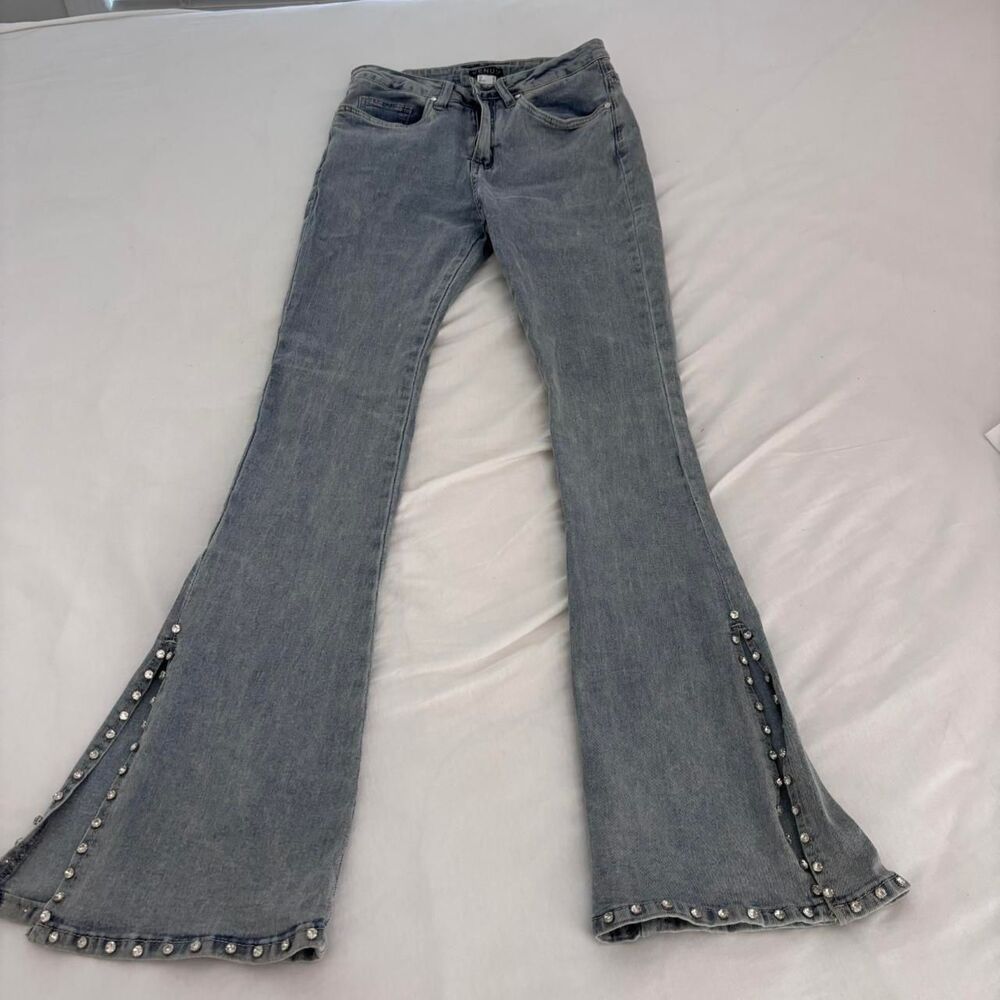 VENUS Sz 6 Studded Embellished Slit Flare Vintage Women's Blue Grey Trendy Jeans
